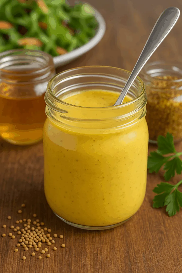 Glas Honig-Senf-Dressing auf Holztisch mit Honig, Senfkörnern und frischen Kräutern – cremig und goldgelb – Online-Biene.de