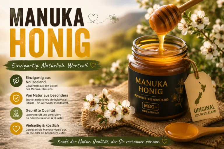 Manuka Honig im Glas neben weißen Manuka-Blüten