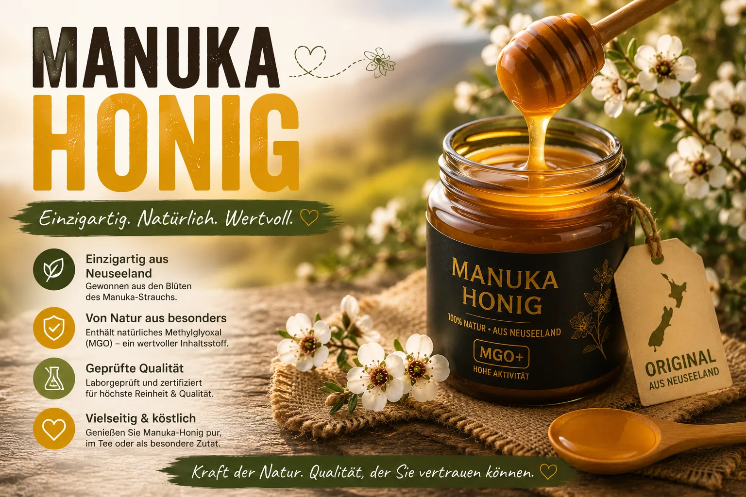 Manuka Honig im Glas neben weißen Manuka-Blüten